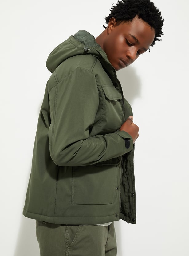 URB_N Men Solid Hooded Utility Jacket