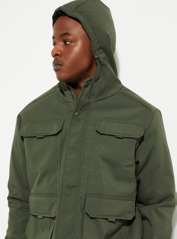 URB_N Men Solid Hooded Utility Jacket