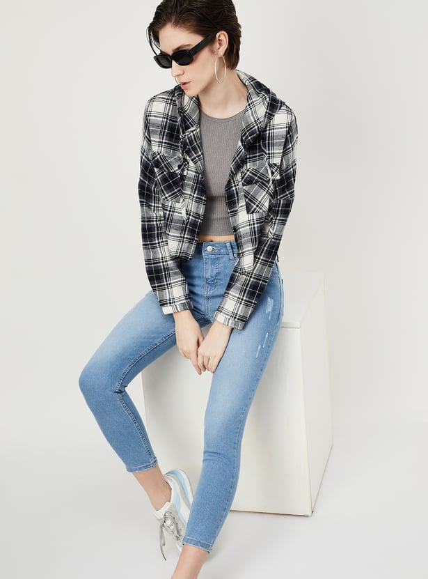 Women Checked Hooded Crop Shirt