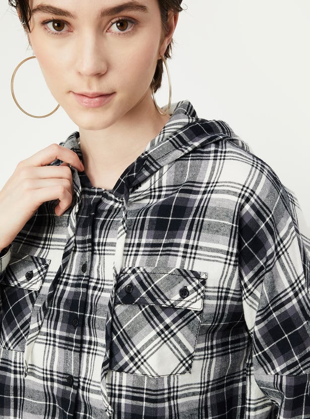 Women Checked Hooded Crop Shirt