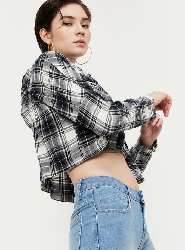 Women Checked Hooded Crop Shirt