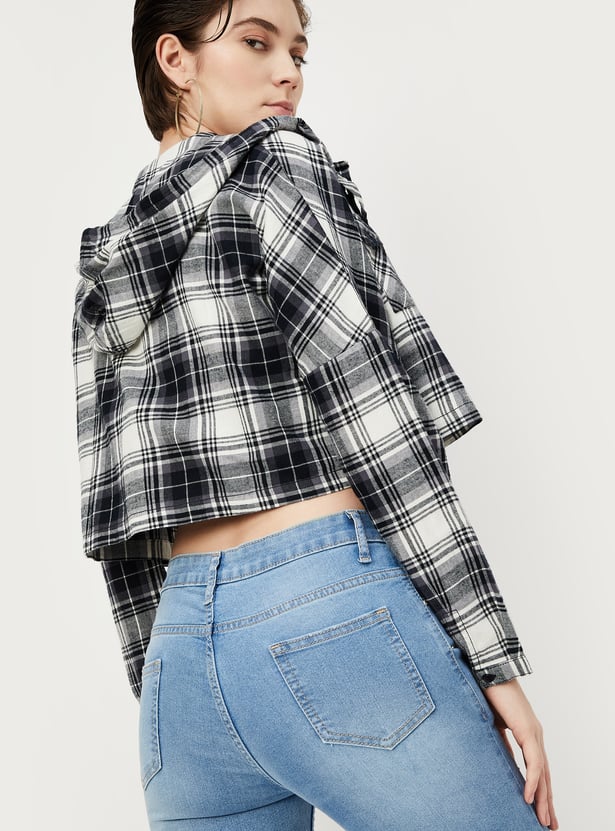 Women Checked Hooded Crop Shirt