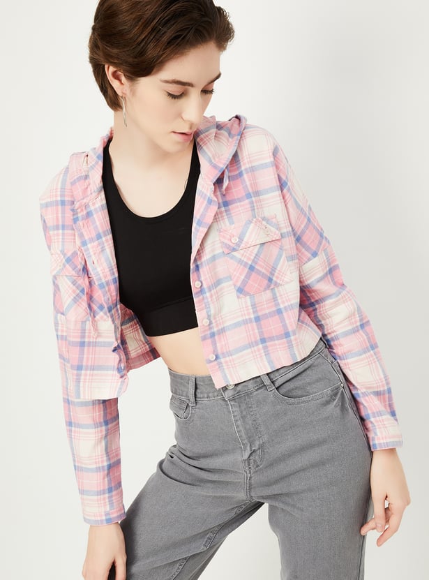 Women Checked Hooded Crop Shirt