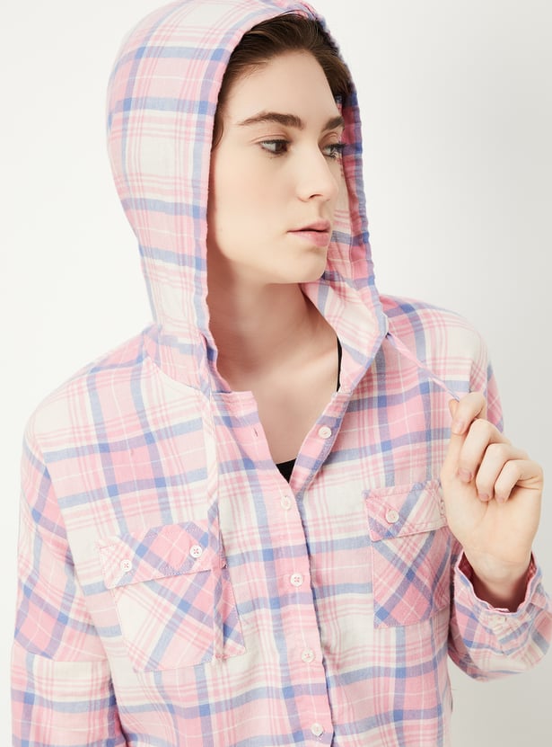 Women Checked Hooded Crop Shirt