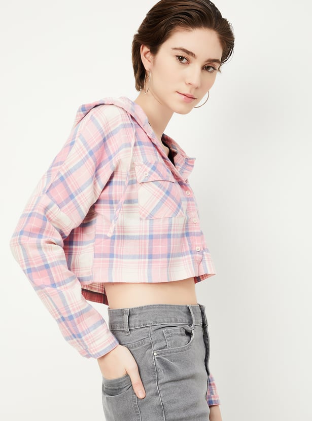 Women Checked Hooded Crop Shirt