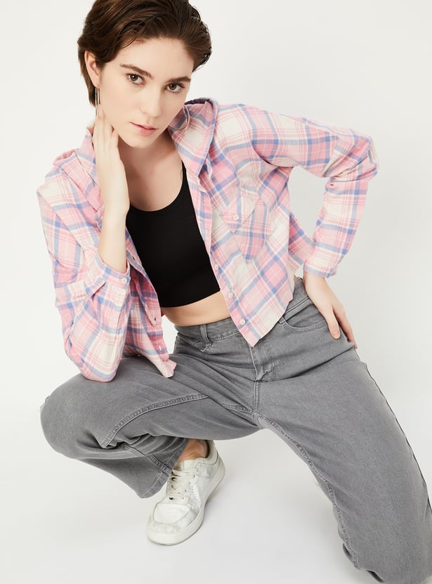 Women Checked Hooded Crop Shirt