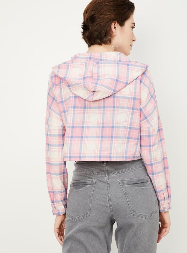 Women Checked Hooded Crop Shirt