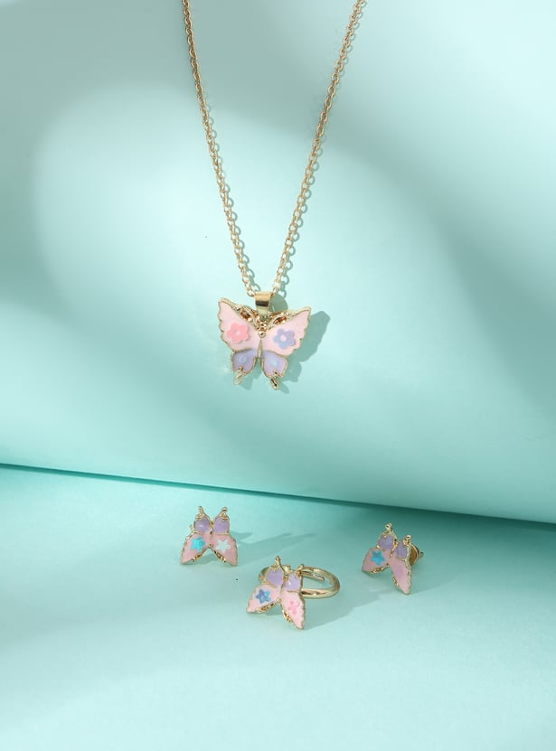Girls Butterfly Necklace Set with Ring