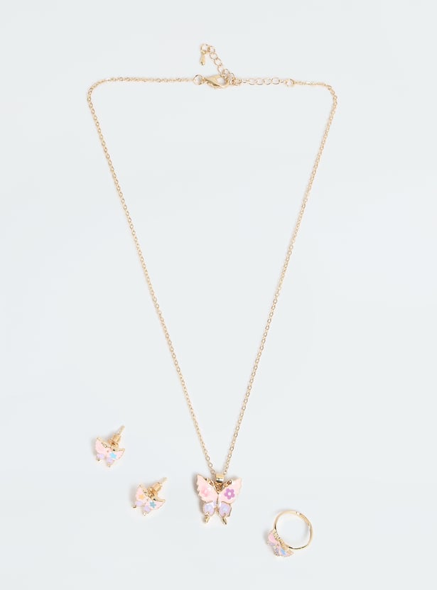 Girls Butterfly Necklace Set with Ring