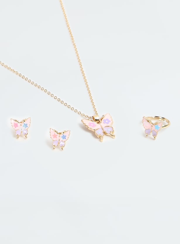 Girls Butterfly Necklace Set with Ring