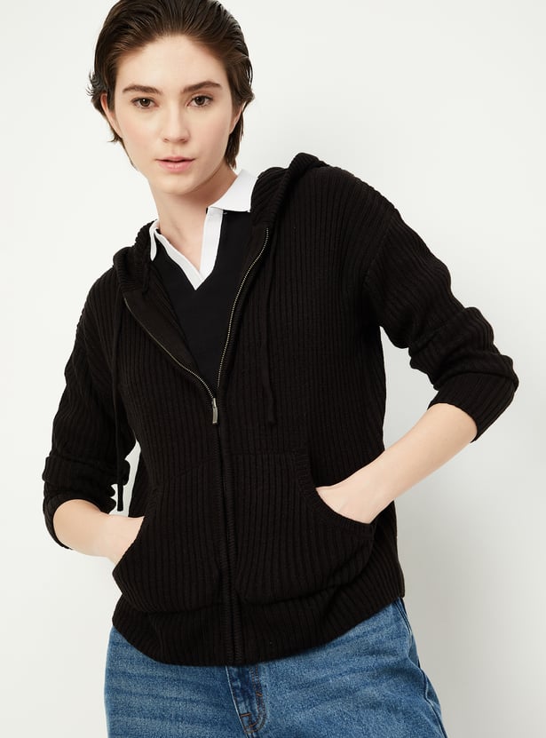 Women Ribbed Hooded Sweater