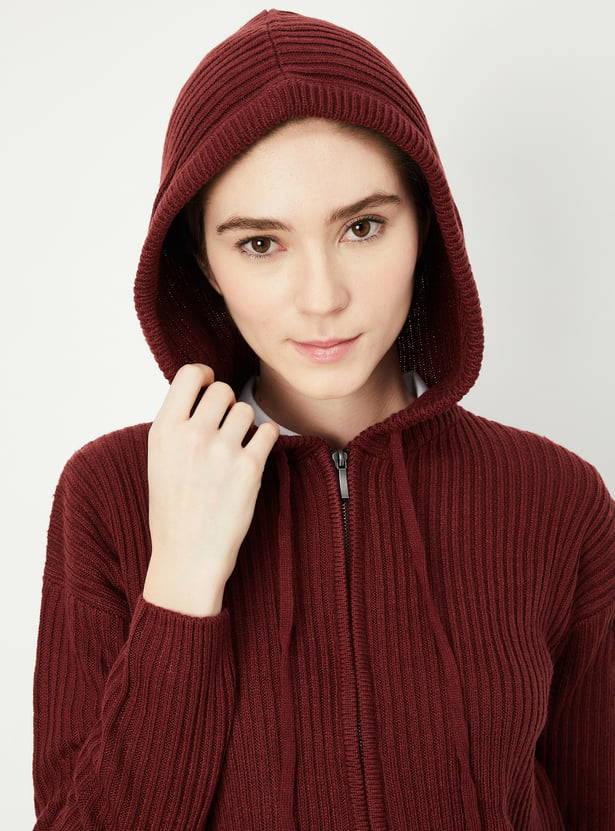 Women Ribbed Hooded Sweater