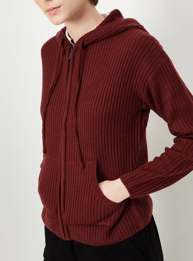 Women Ribbed Hooded Sweater