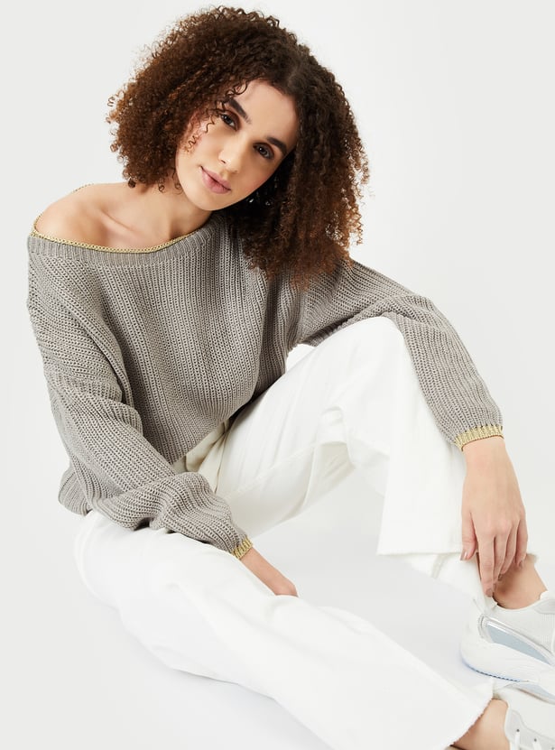 Women Boxy Fit Sweater with Contrast Tipping