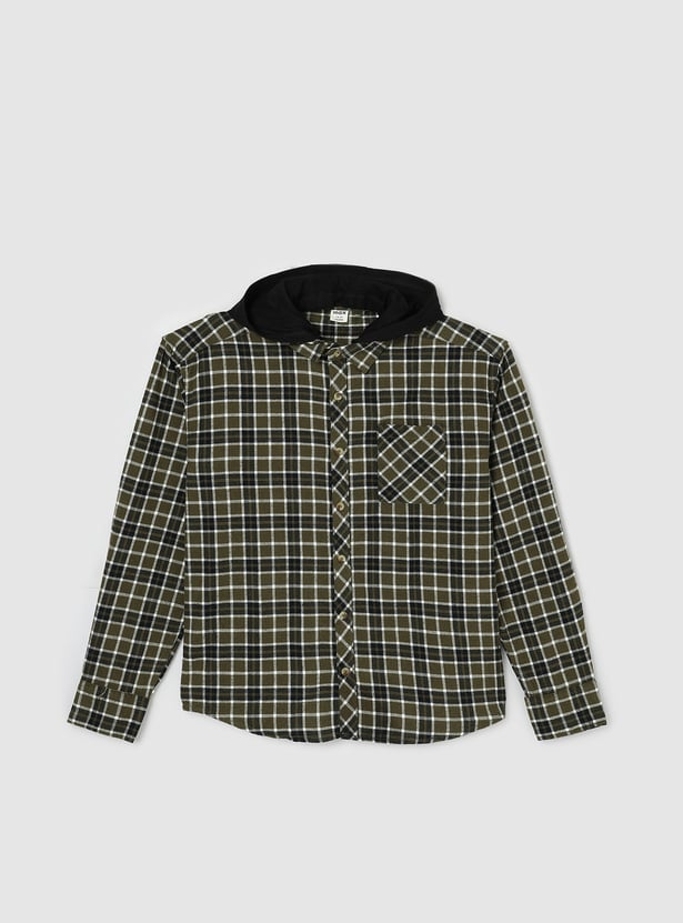 Boys Checked Hooded Shirt