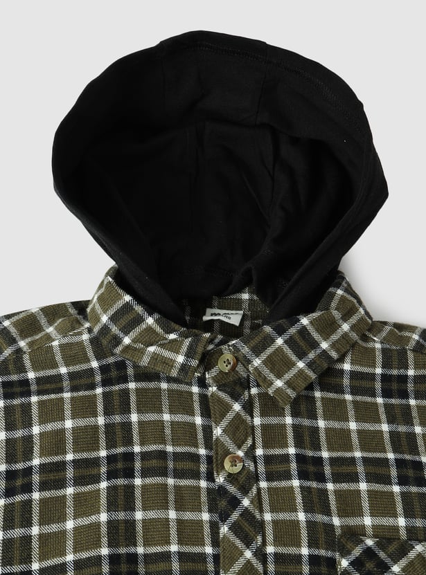 Boys Checked Hooded Shirt