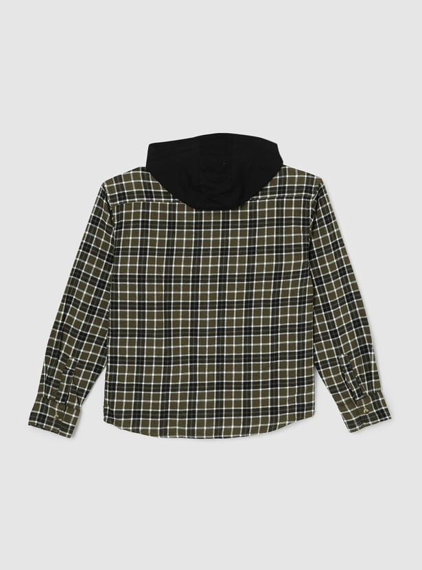 Boys Checked Hooded Shirt