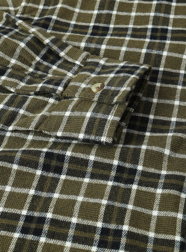 Boys Checked Hooded Shirt