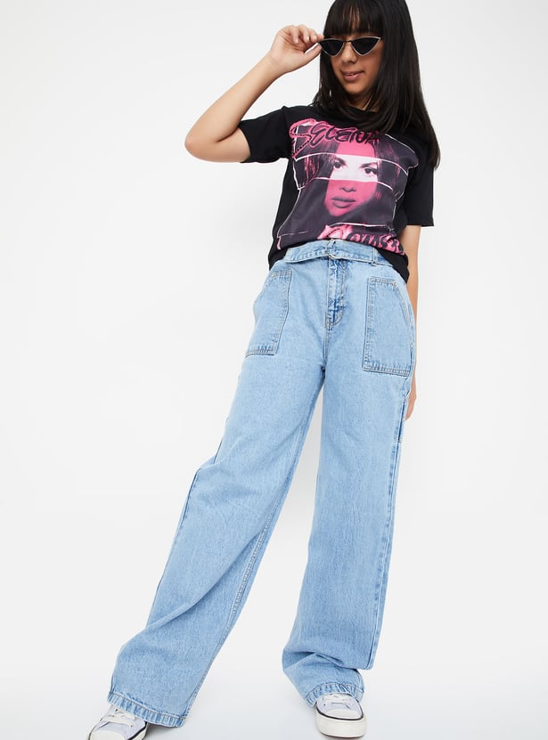 Girls Rinsed Belted Wide Leg Jeans