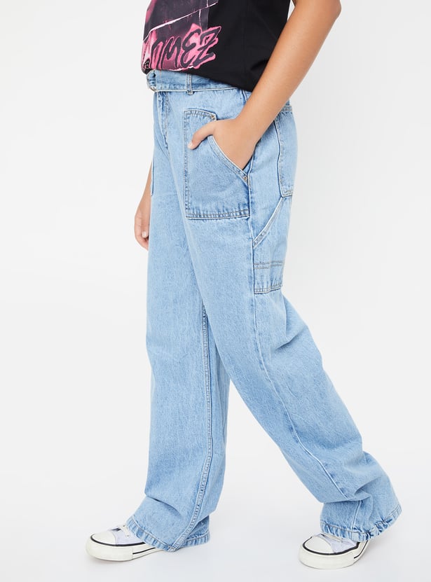 Girls Rinsed Belted Wide Leg Jeans