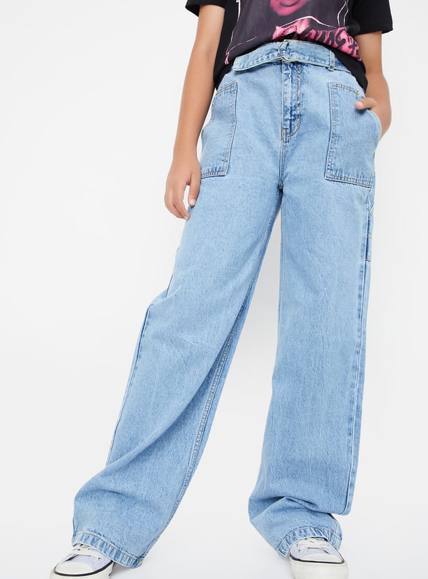 Girls Rinsed Belted Wide Leg Jeans