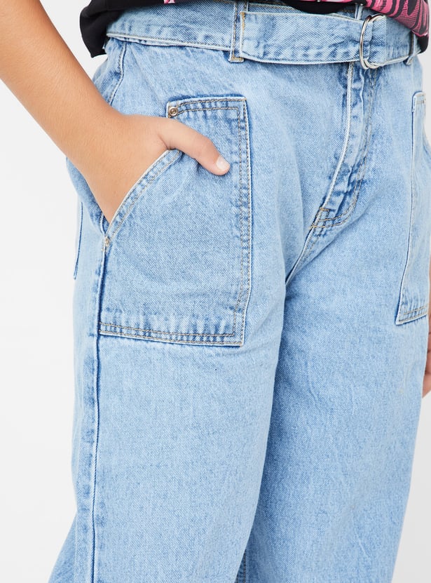 Girls Rinsed Belted Wide Leg Jeans