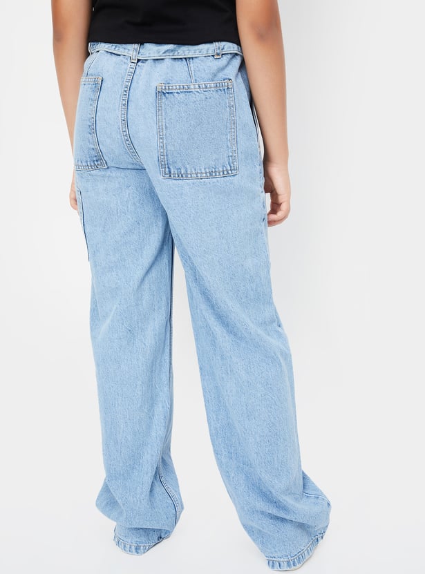 Girls Rinsed Belted Wide Leg Jeans