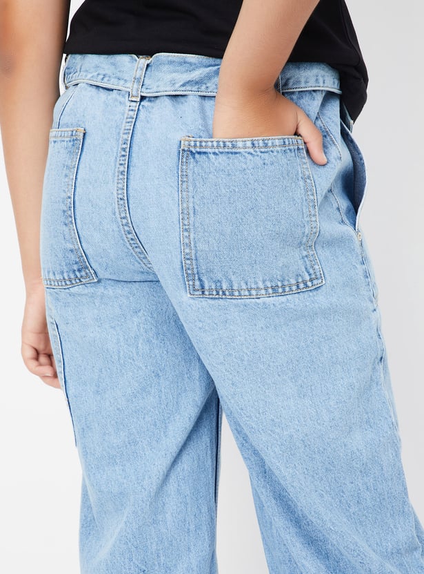 Girls Rinsed Belted Wide Leg Jeans
