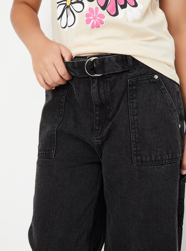 Girls Washed Wide Leg Belted Jeans