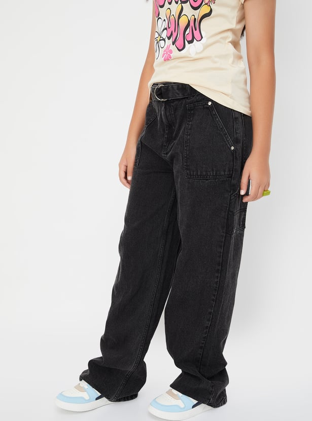 Girls Washed Wide Leg Belted Jeans