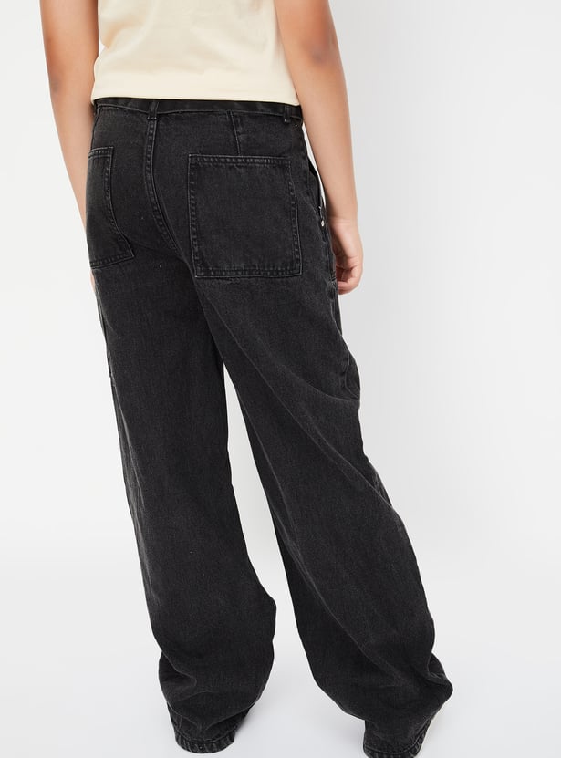 Girls Washed Wide Leg Belted Jeans