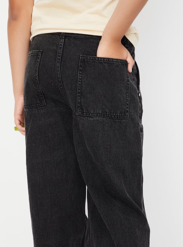 Girls Washed Wide Leg Belted Jeans