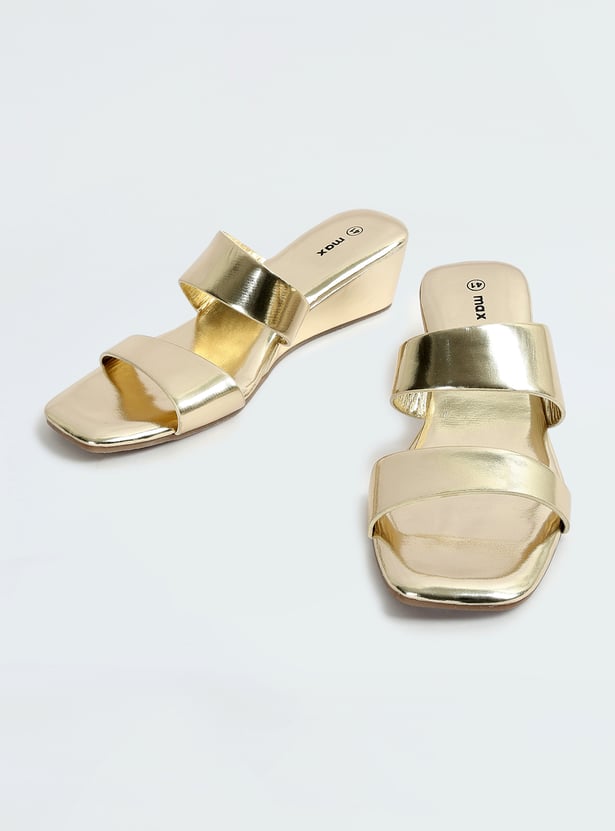 Women Metallic Double Strap Wedges