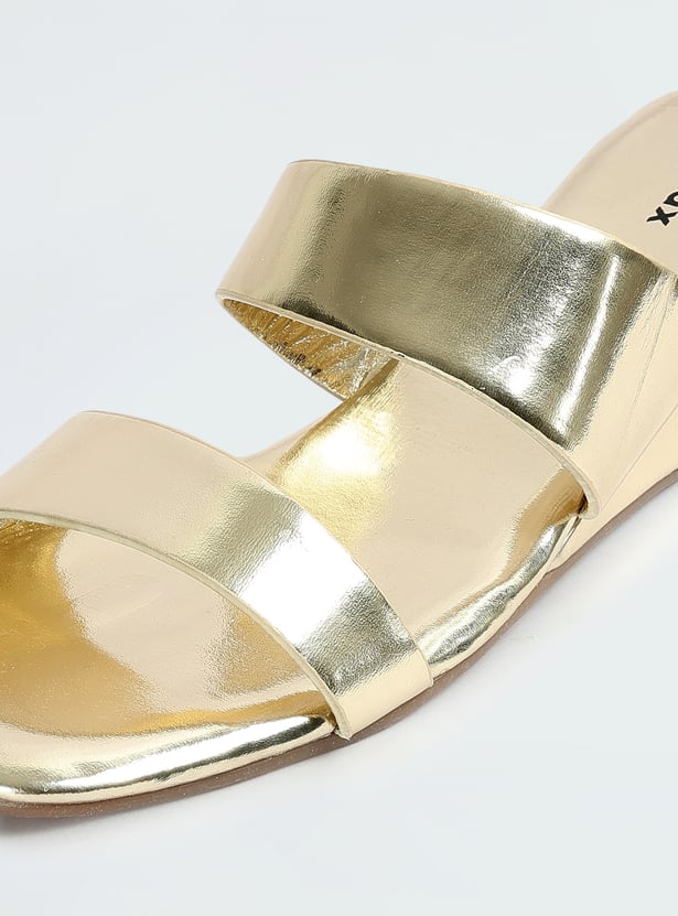 Women Metallic Double Strap Wedges