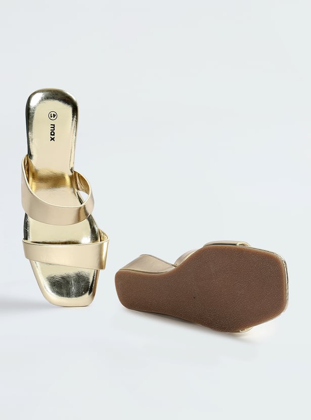 Women Metallic Double Strap Wedges