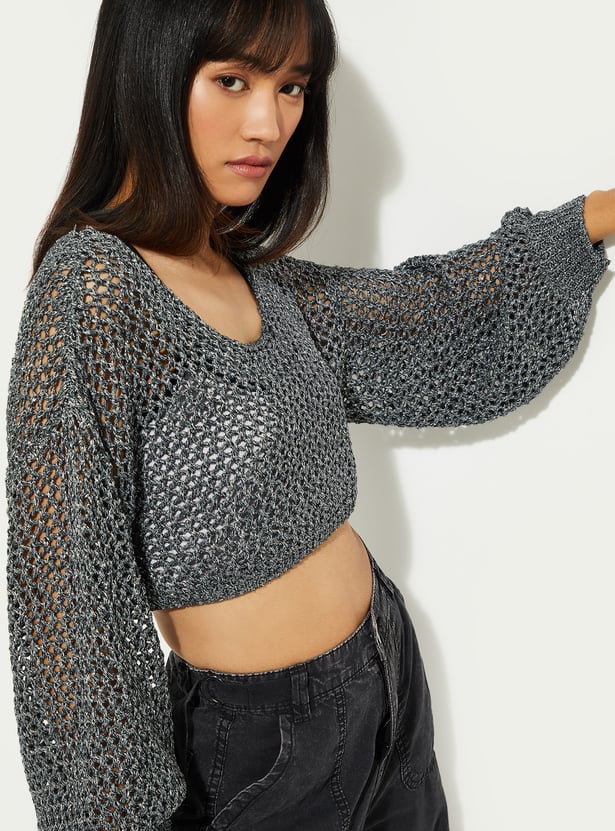 ALAYA F x URB_N Women Open Knit Crop Sweater
