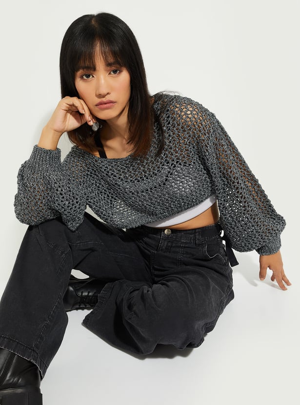 ALAYA F x URB_N Women Open Knit Crop Sweater