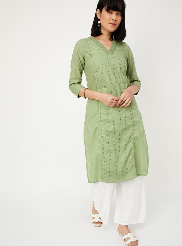 Women Schiffli Straight Kurta