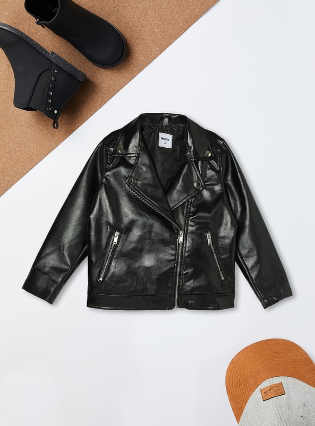 Girls Solid Biker Jacket