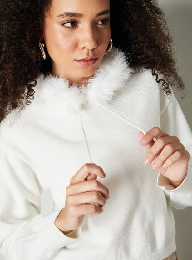 Women Fur Trim Hooded Sweater