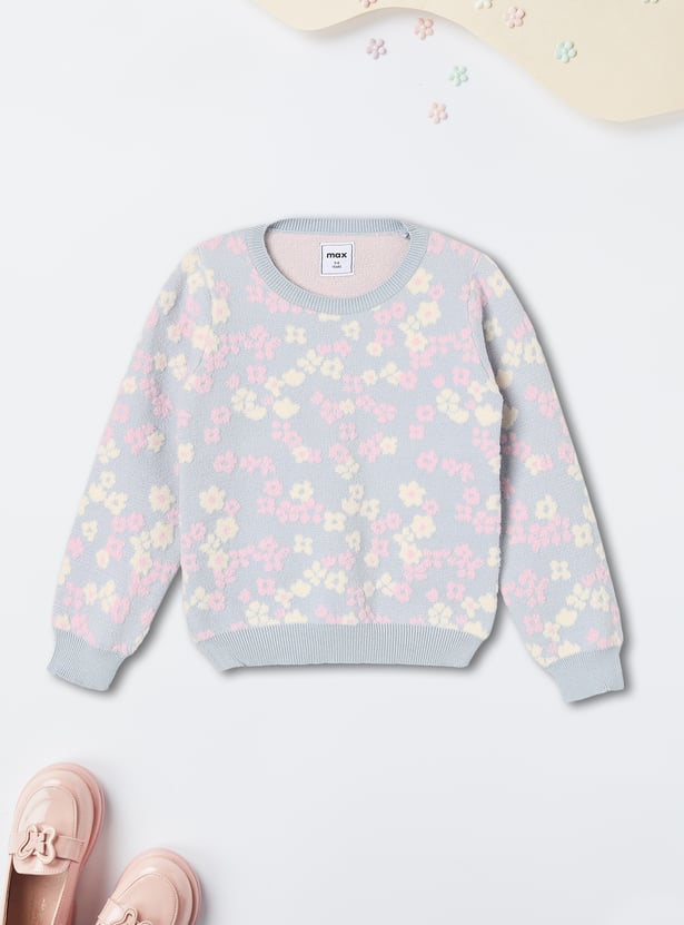 Girls Floral Patterned Knit Sweater