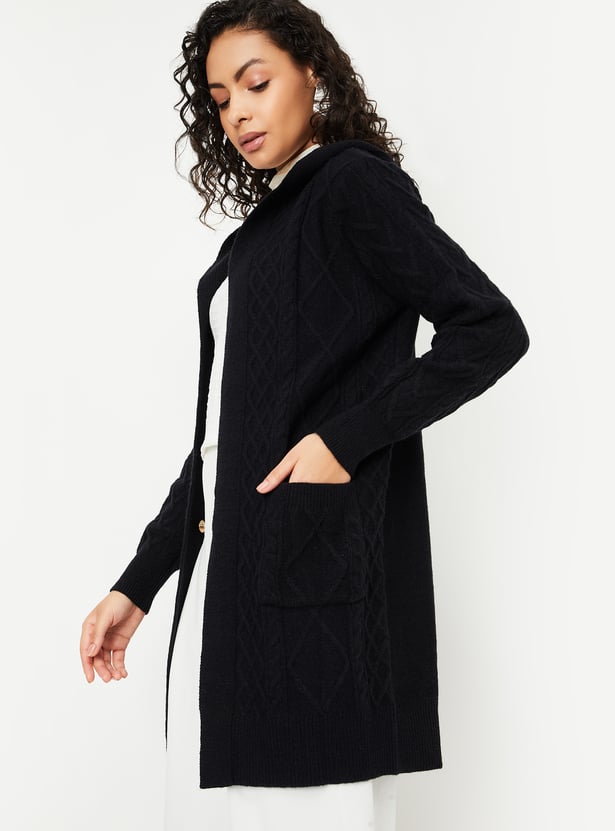 Women Cable Knit Hooded Cardigan