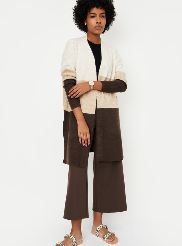 Women Colourblock Open Front Long Cardigan