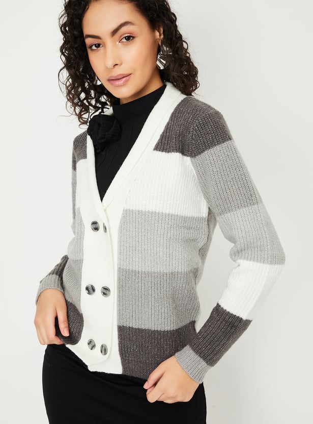 Women Colourblocked Knitted Cardigan