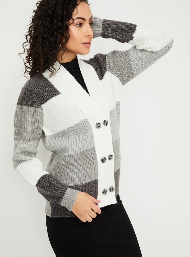 Women Colourblocked Knitted Cardigan