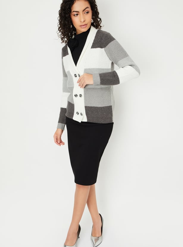 Women Colourblocked Knitted Cardigan