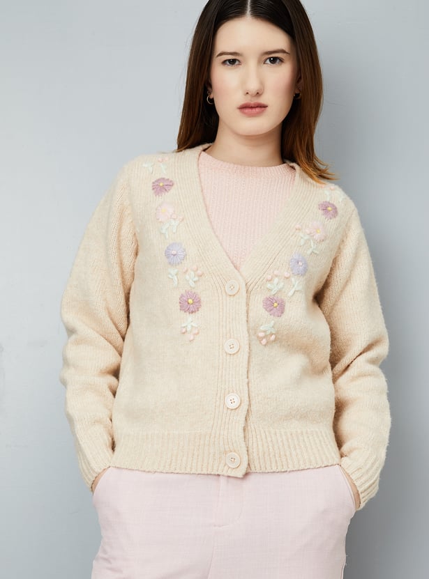 Women Floral Embroidered Knit Cardigan