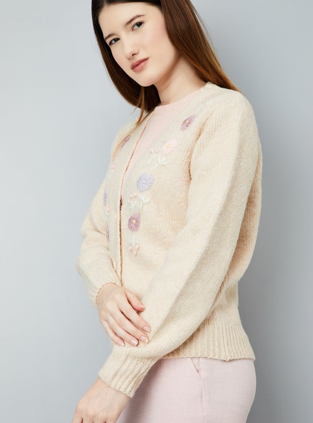 Women Floral Embroidered Knit Cardigan