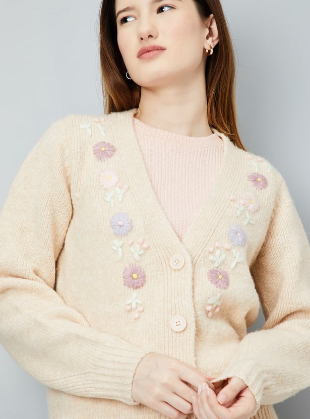 Women Floral Embroidered Knit Cardigan