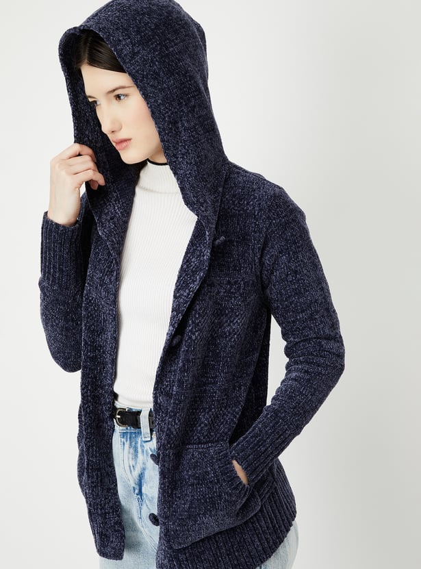 Women Self-Design Hooded Cardigan